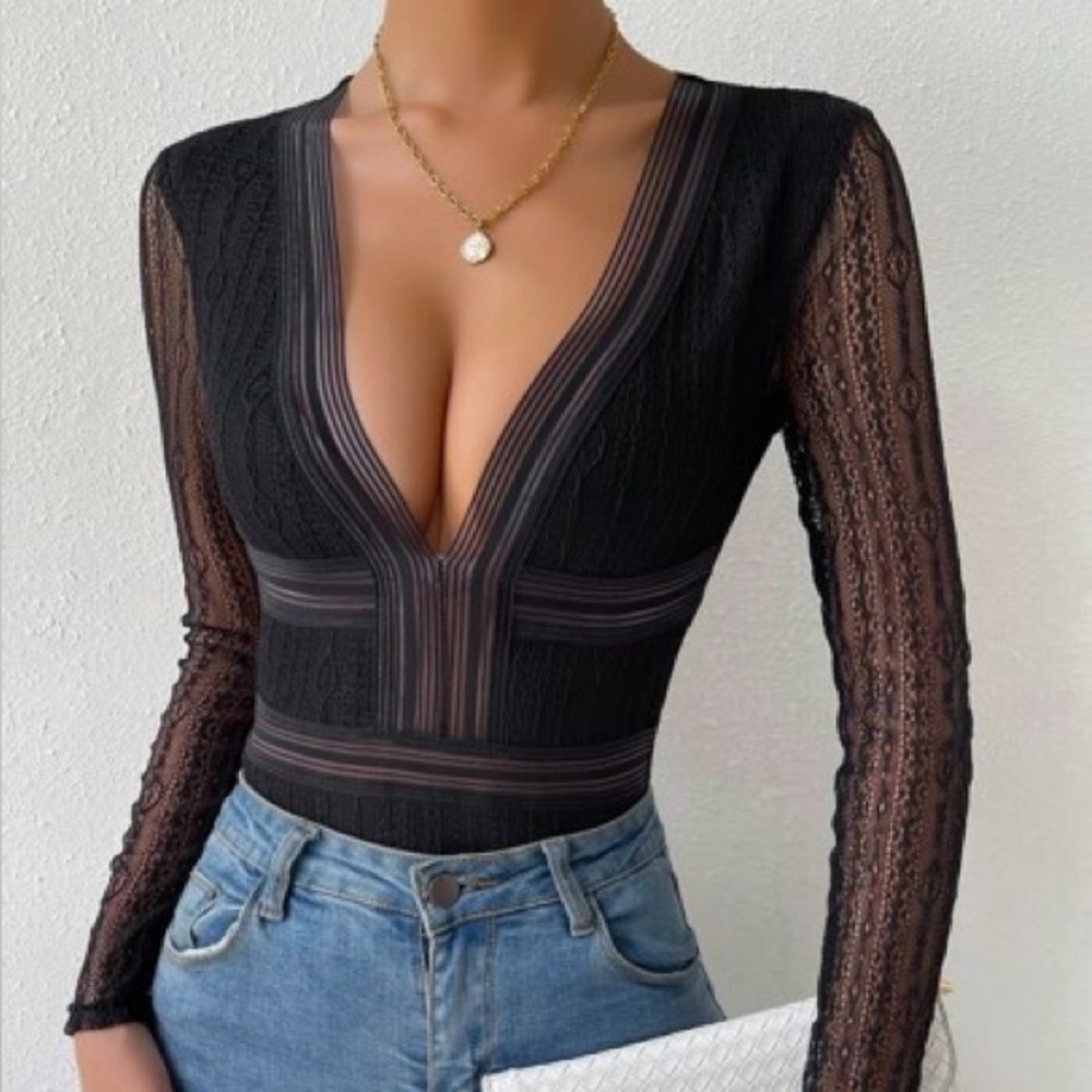 SHEIN Elegant Black Lace Bodysuit